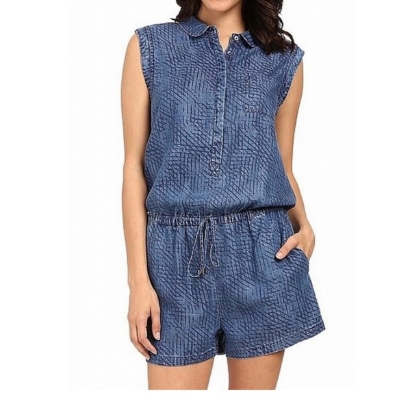 Tart Button-up Chambray Printed Denim Romper With Drawstring Waist Size L - Picture 14 of 15